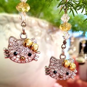 Hello Kitty Gold Bow Crystal Dangle Earrings